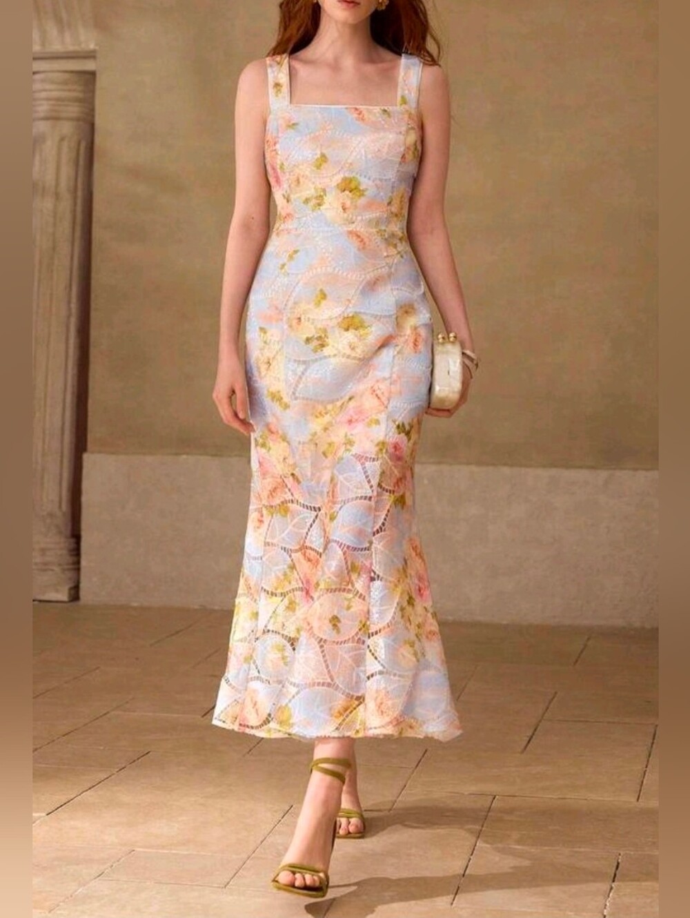 New Embroidered Floral Lace Midi Mermaid Hem Cami Dress